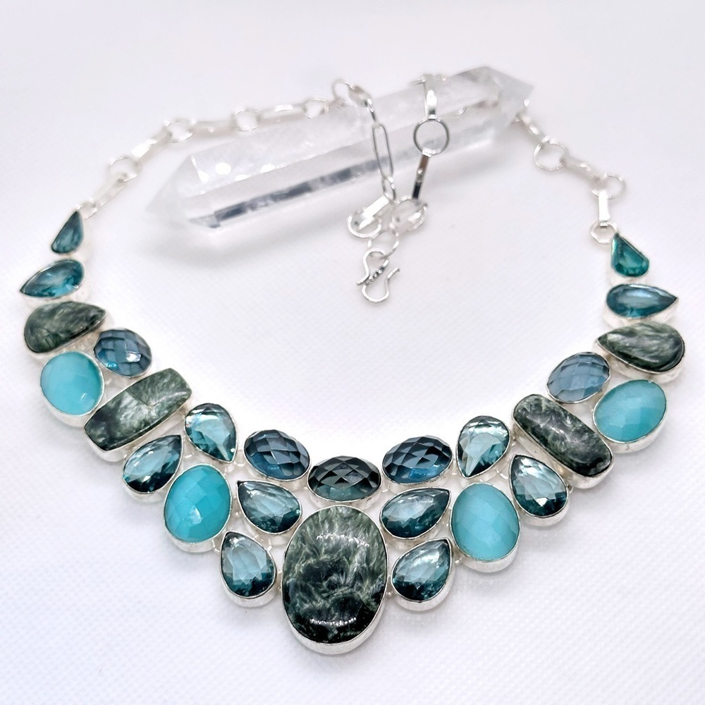 Seraphinite Chalcedony & Blue Topaz Artisan Silver Gemstone Crystal Necklace